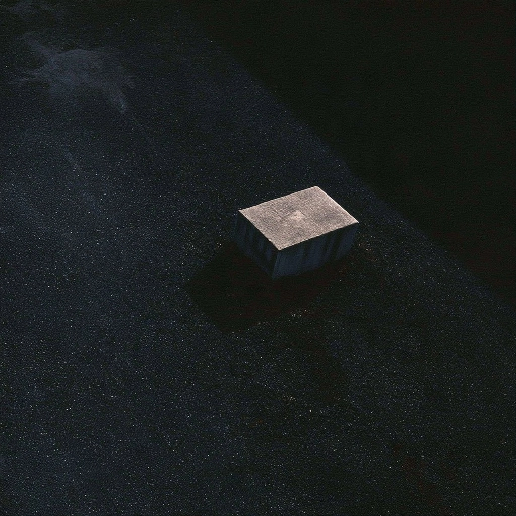 A minimalist view of a concrete cube floating in dark, shimmering water.