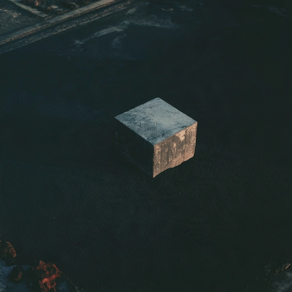 A solitary grey concrete block resting on a dark, grainy pavement under dim lighting.