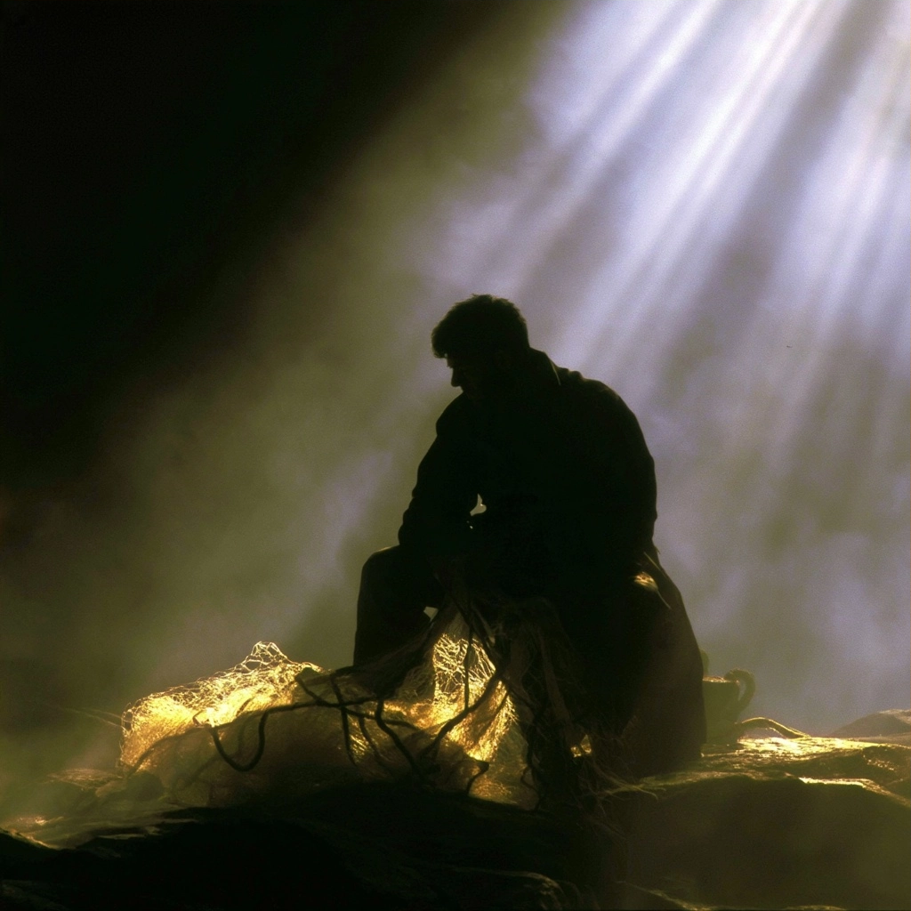 Silhouette of a person sitting near glowing golden fabric under a bright spotlight in a dark, smoky environment.