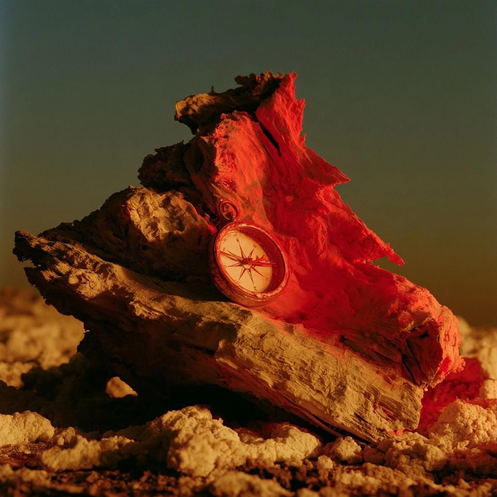 A vintage compass sitting on a textured piece of wood under dramatic red lighting.