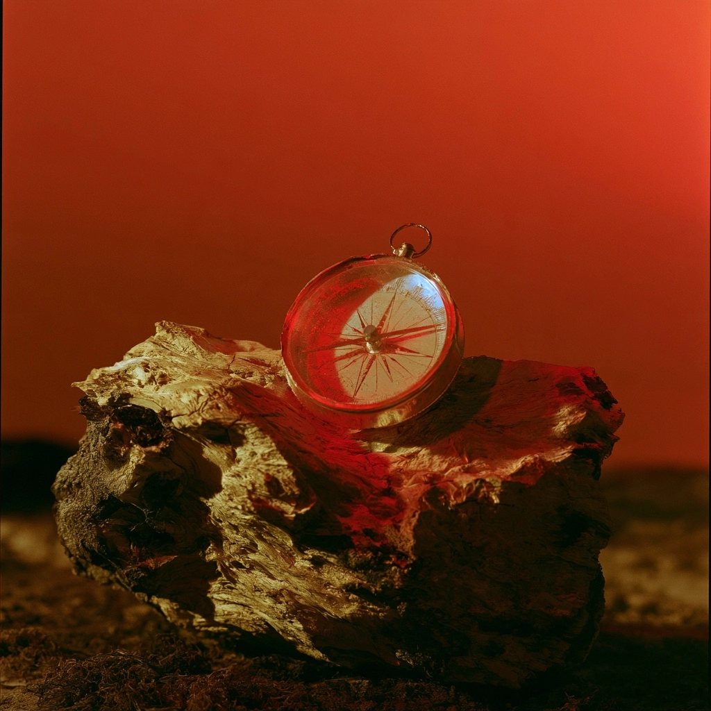 A round brass compass sitting atop a rough piece of wood bark with a vibrant red backdrop.