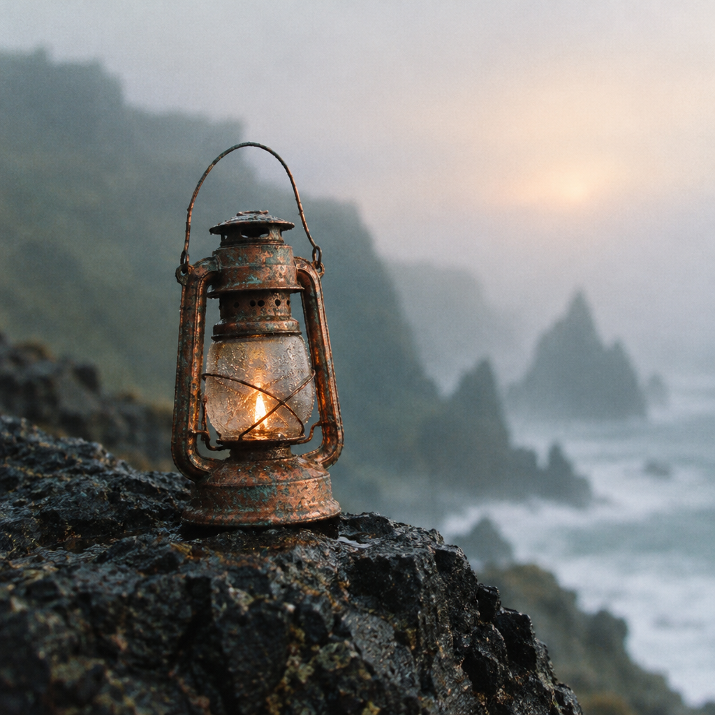 A glowing vintage metal lantern resting on a dark rock against a foggy coastal background.