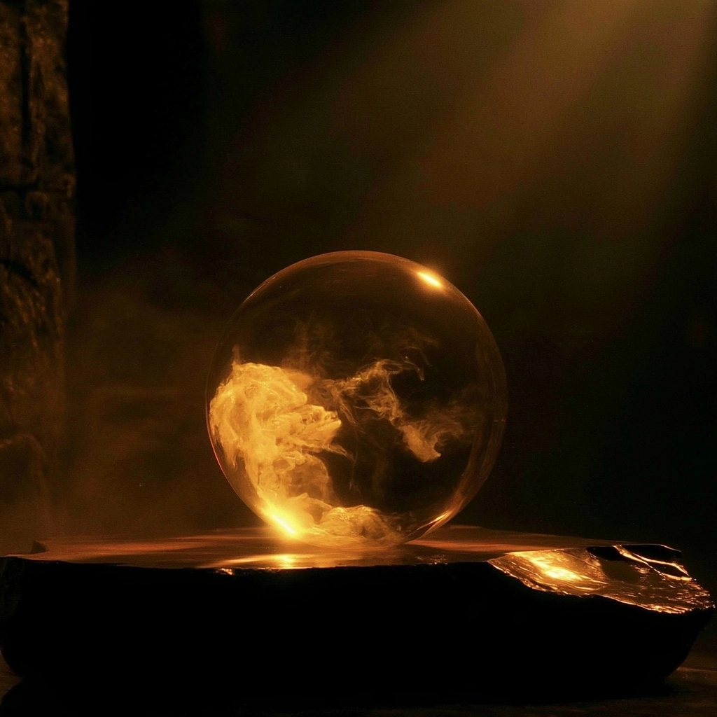 A luminous glass orb filled with swirling orange flames sitting on a dark rock.