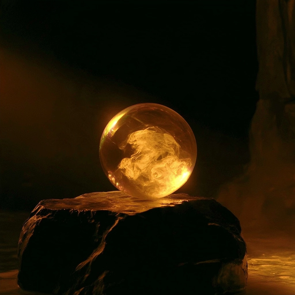 A luminous orb with swirling golden patterns sitting on a dark stone in a dim setting.