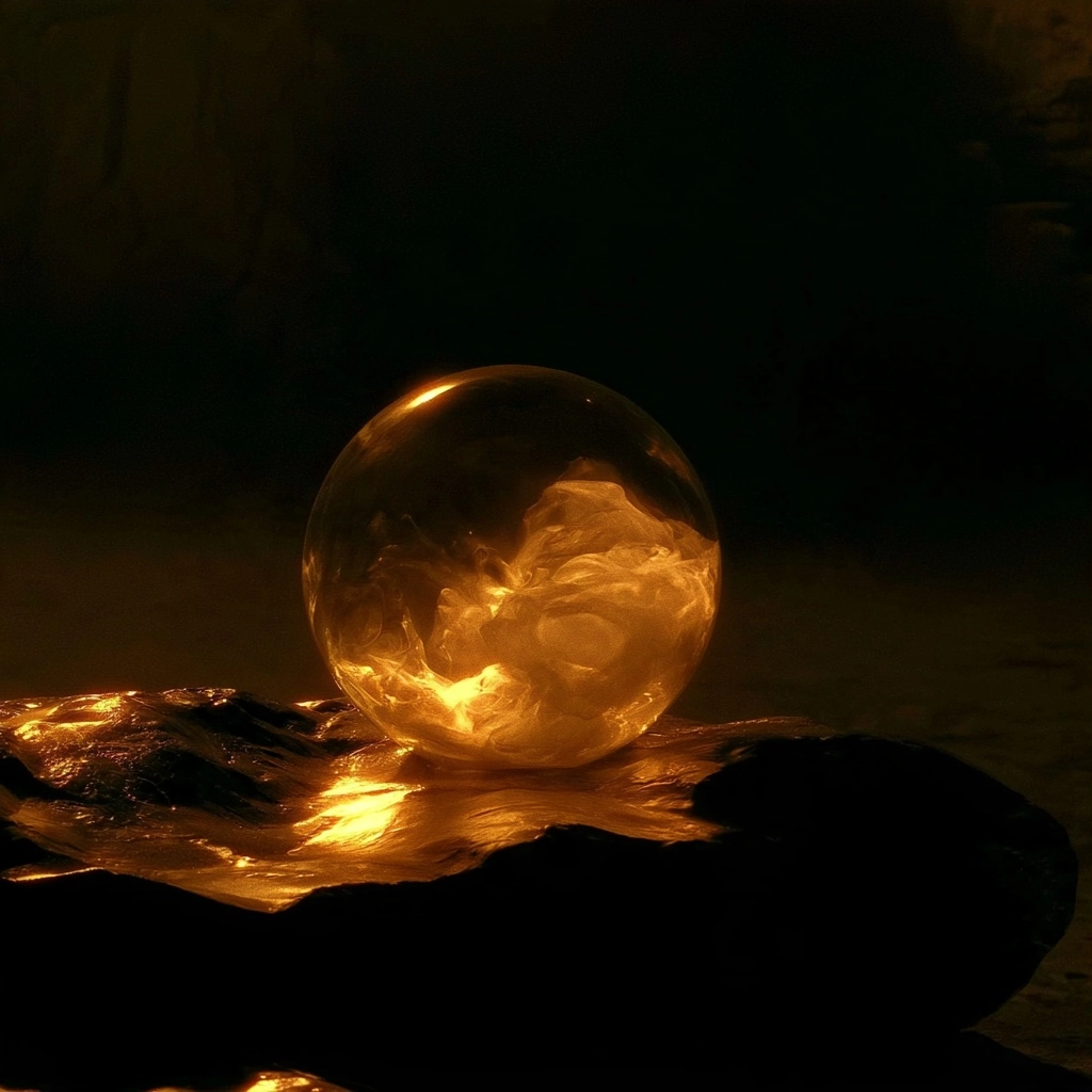 A luminous golden orb resting on a dark, uneven rocky surface.