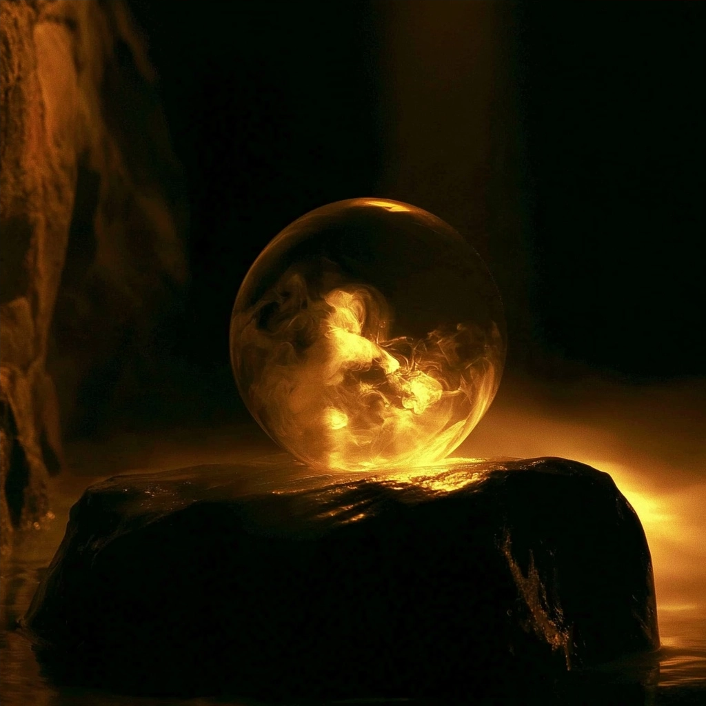 A luminous golden sphere containing swirling energy sitting atop a dark stone in a dark setting.