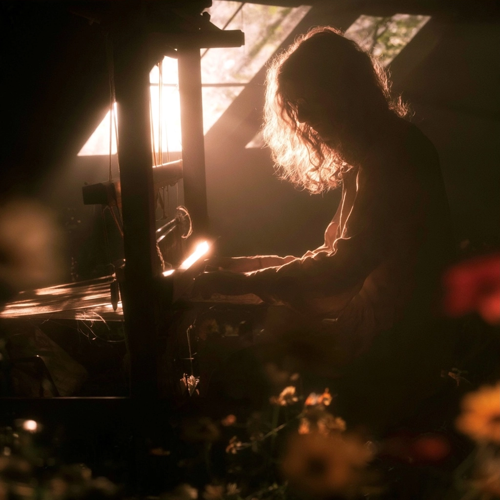 Silhouette of a person weaving fabric on a traditional wooden loom with warm sunlight streaming in.