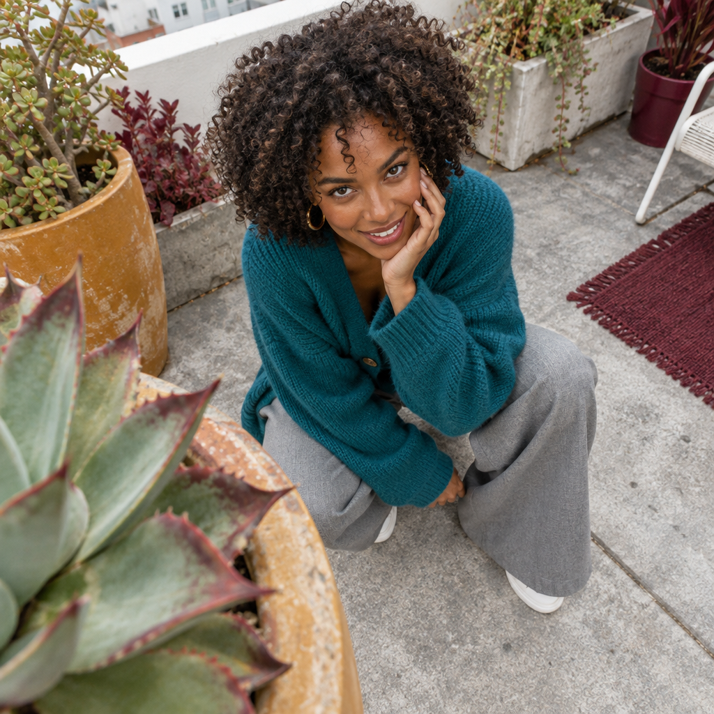 A smiling woman with dark curly hair wearing a teal cardigan sitting outdoors near succulents.