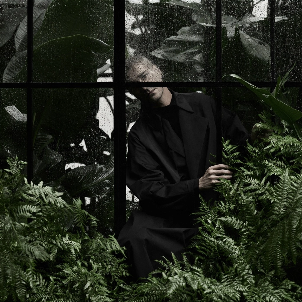 A man in dark clothing peering through a window surrounded by dense green ferns and large leaves.