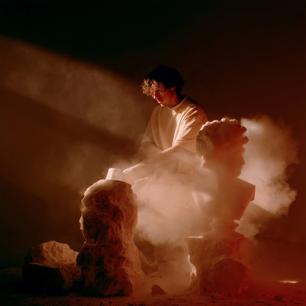 A man sitting in a dark room filled with thick smoke and stone busts.