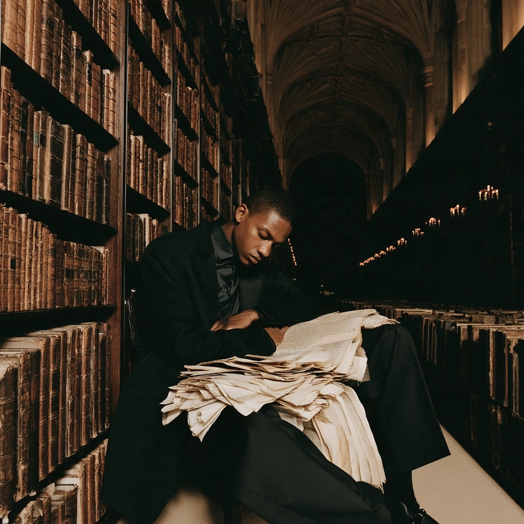 A man sitting in a dark, historic library surrounded by towering bookshelves and reading old manuscripts.