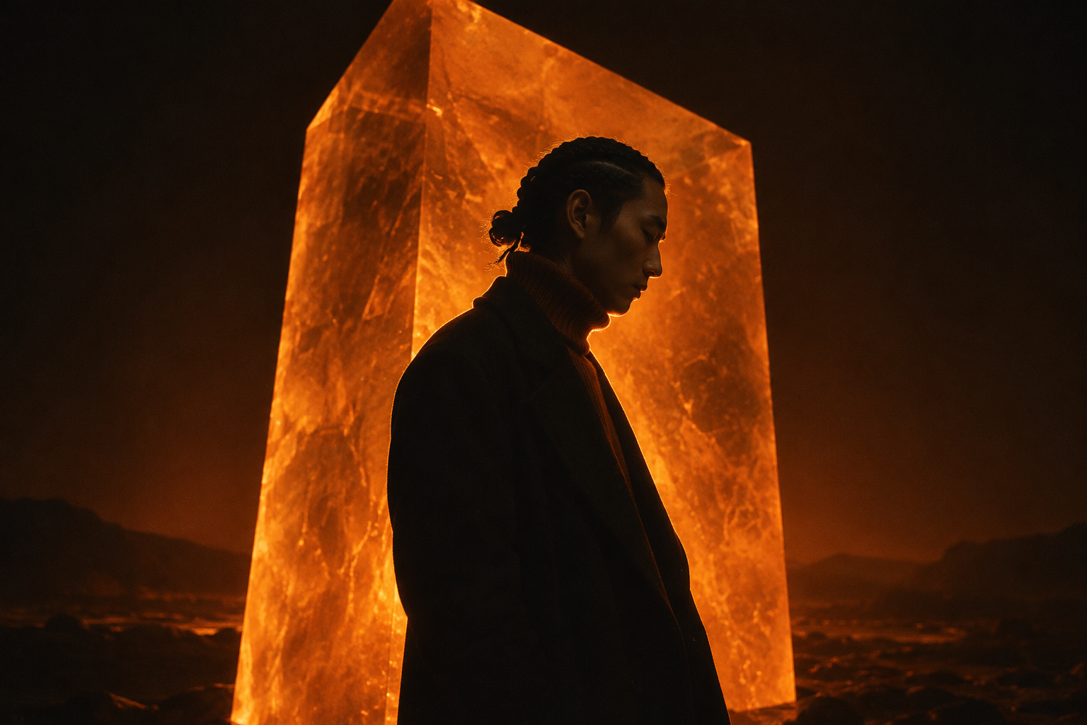 Silhouette of a man standing before a massive, glowing orange rectangular monolith in the dark.