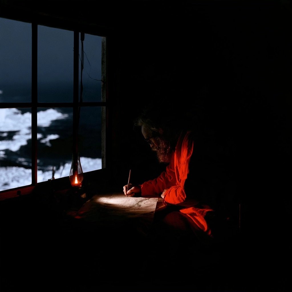 A man in red clothing writing by candlelight near a window at night.