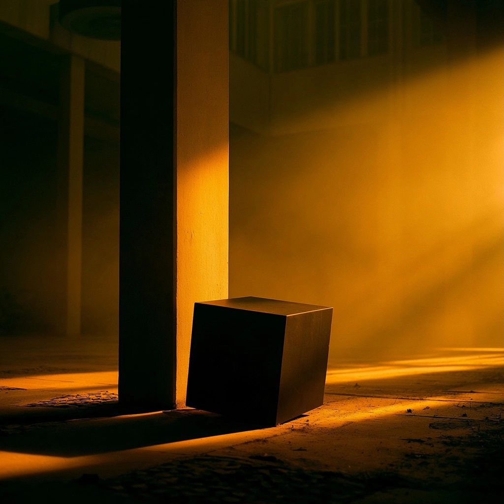 A black geometric cube positioned under a bright shaft of golden light in a dark, atmospheric space.