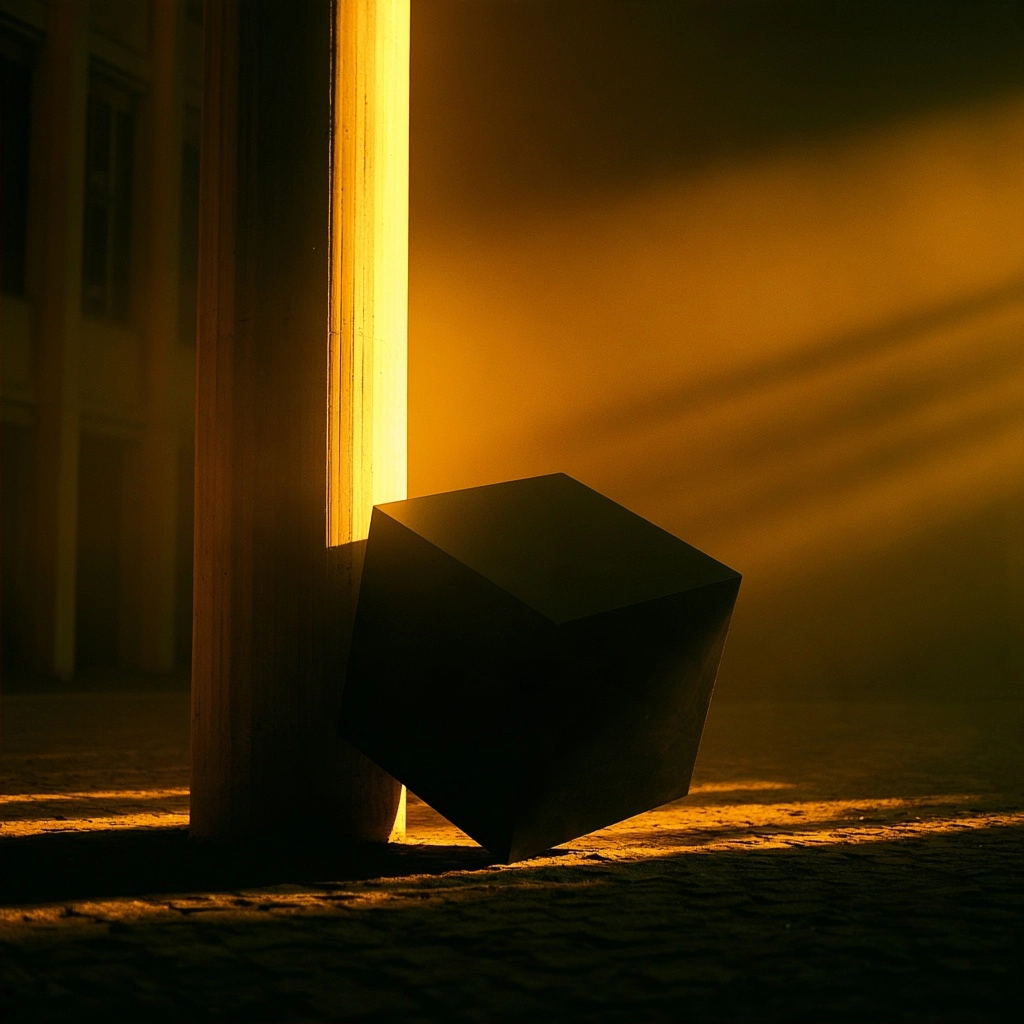 A black cube casting a shadow next to a lit pillar in a dark, atmospheric setting.
