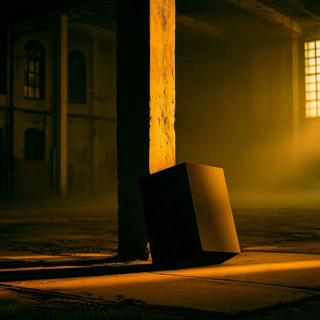 A black cube resting on a floor beside a tall concrete column in a hazy warehouse.