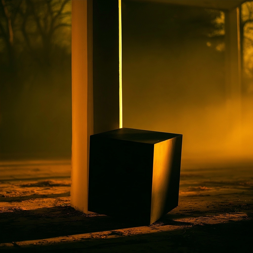 A black cube and a tall pillar standing in a thick golden fog at night.
