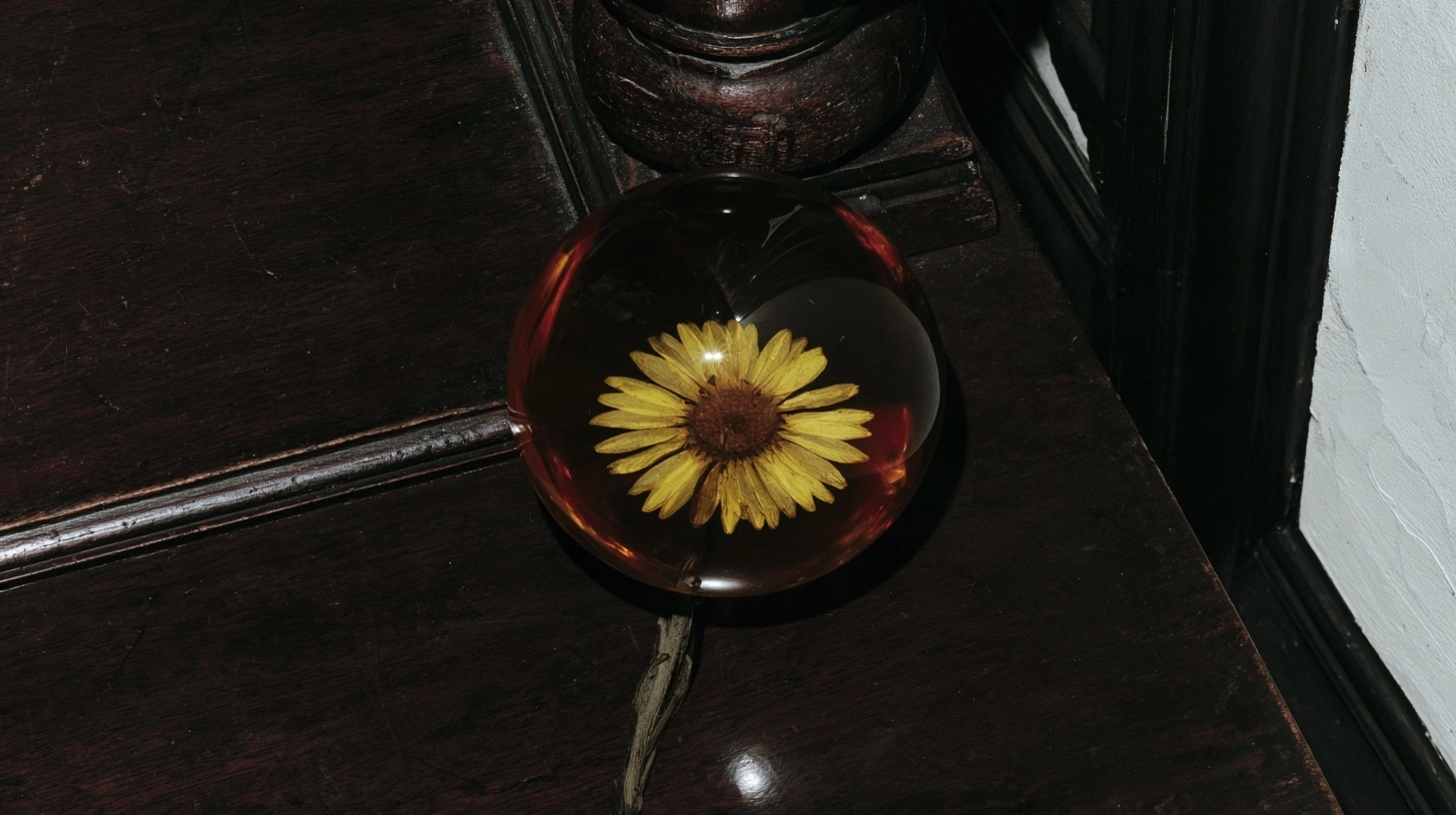 A yellow sunflower preserved within a transparent glass orb on a dark wood background.