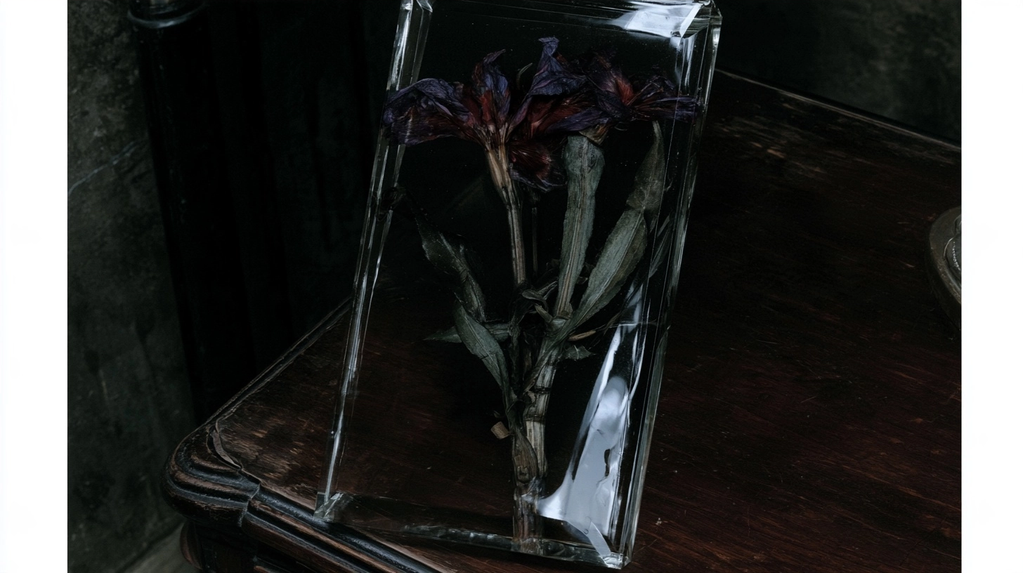 A preserved dark purple flower encased in a transparent rectangular resin block on a dark wood table.