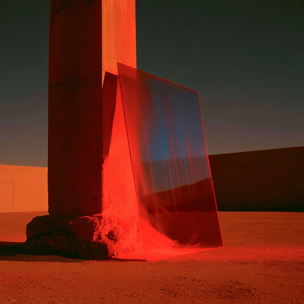 A glowing red translucent sheet leaning against a large concrete pillar in a desert setting.