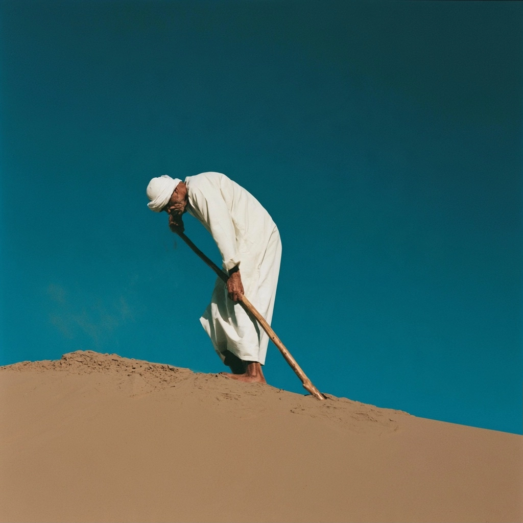 A man in white robes leaning on a wooden stick atop a large sand dune against a solid blue sky.