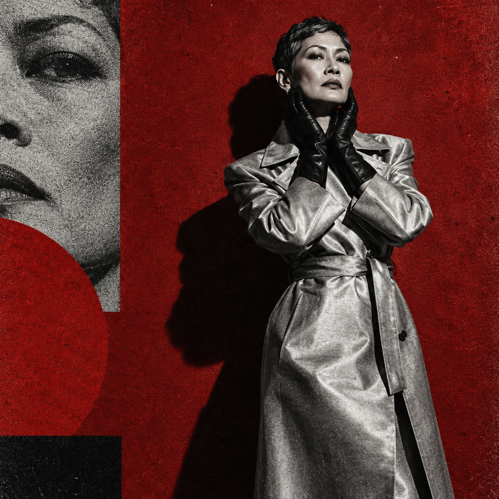 A woman wearing a metallic silver trench coat and black leather gloves against a red textured wall.