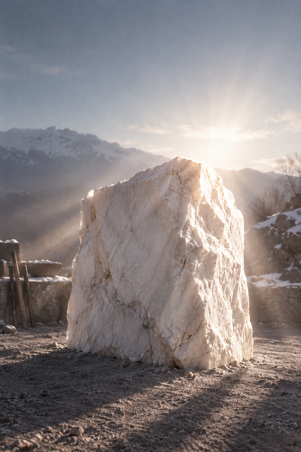 A large white boulder illuminated by bright sunlight against a backdrop of distant mountains.