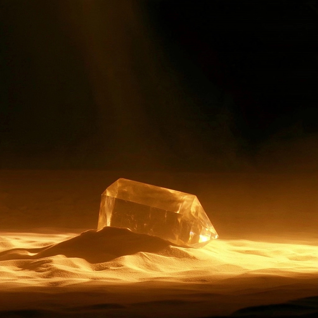 A glowing amber-colored crystal sitting on golden sand dunes in a dark environment.