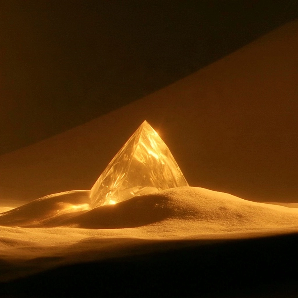 A luminous crystal pyramid emerging from golden sand dunes under a dramatic spotlight.