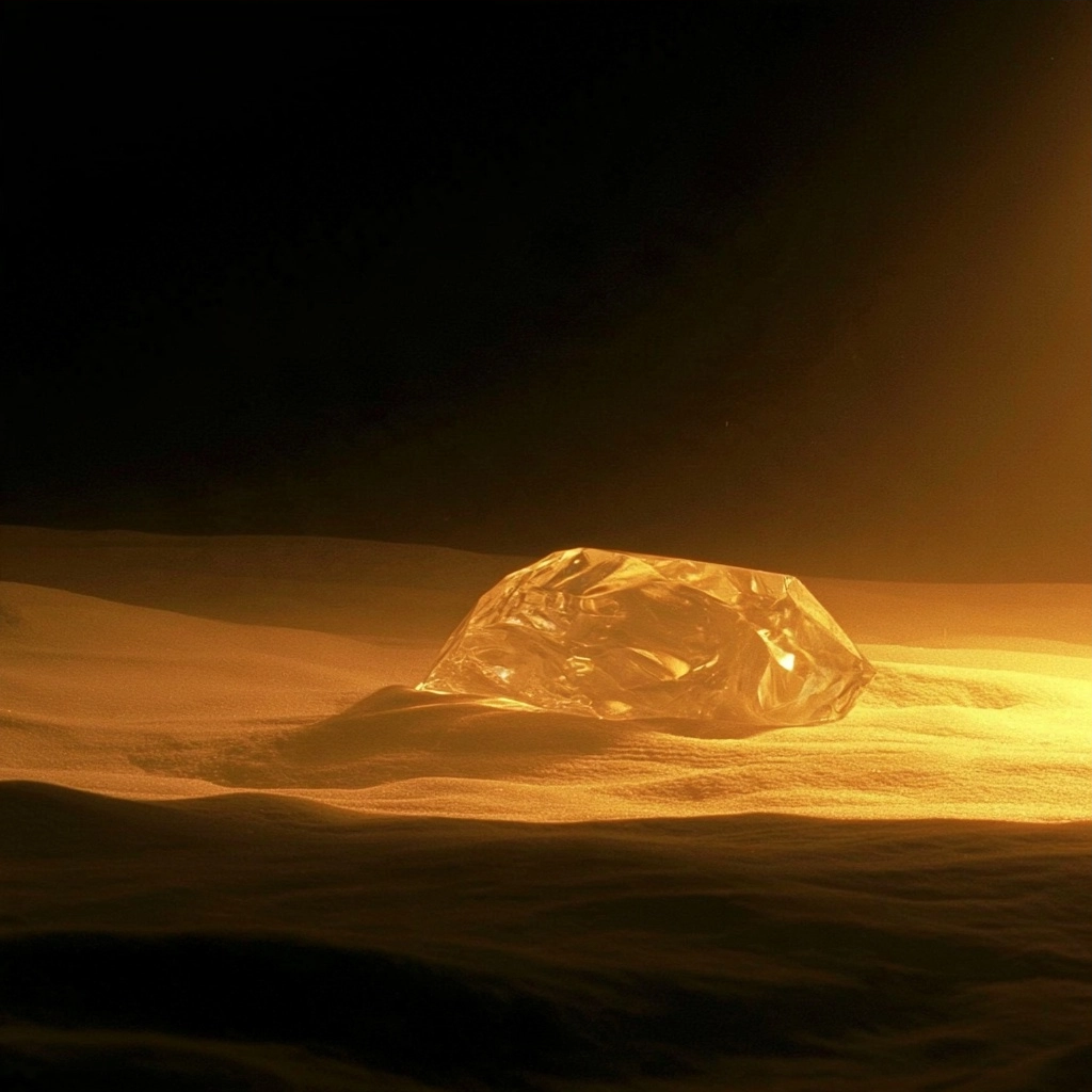 A clear plastic bag illuminated by a warm golden glow on a rippled surface.