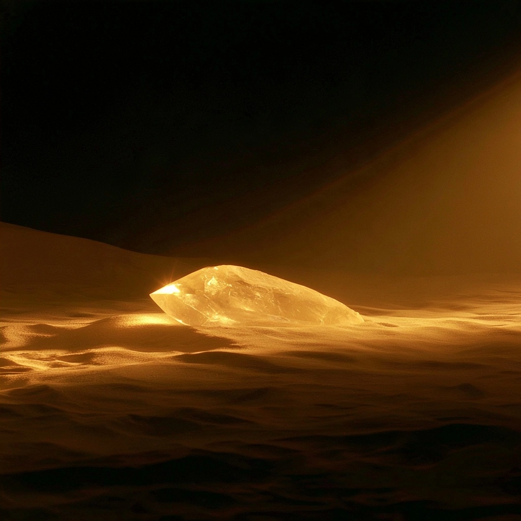 A luminous golden crystal shining brightly amidst dark, rippling dunes.