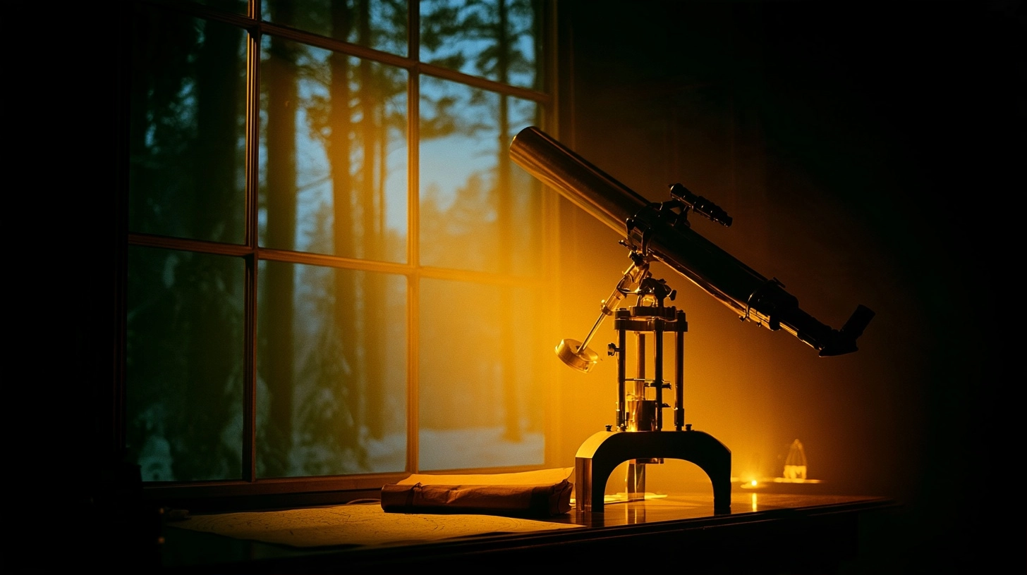 A dark silhouette of a telescope positioned by a window with golden sunset light hitting the trees outside.