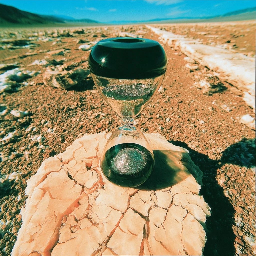 A glass hourglass resting on a light-colored cracked stone in a wide desert environment.