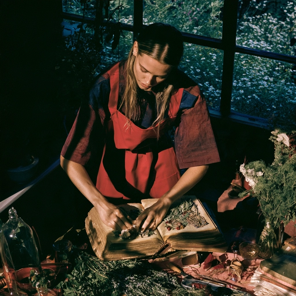 A woman wearing a red apron focuses on reading a large, illustrated antique book.