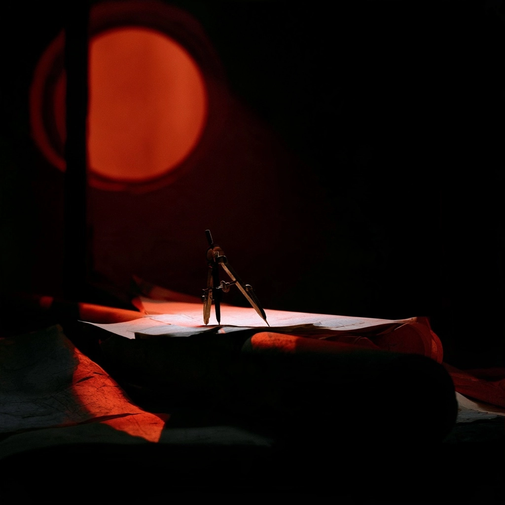 A drafting compass standing on white paper illuminated by a warm red glow in a dark setting.