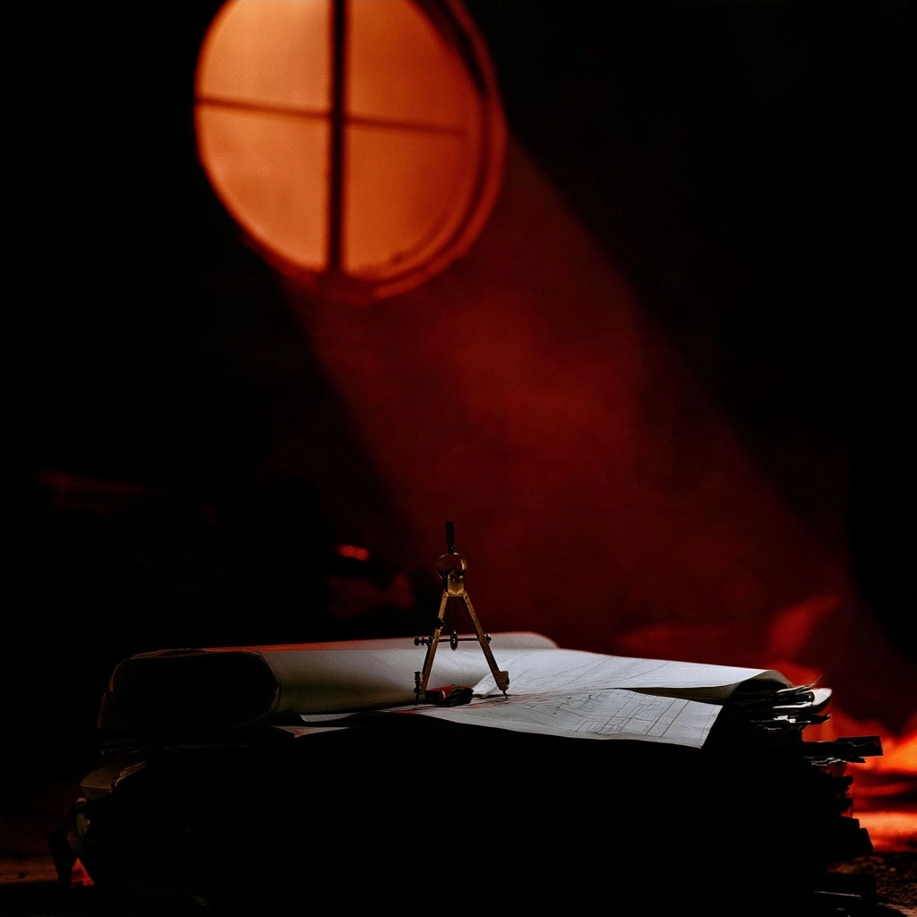A metal drafting compass on an open sketchbook illuminated by a red spotlight in a dark room.