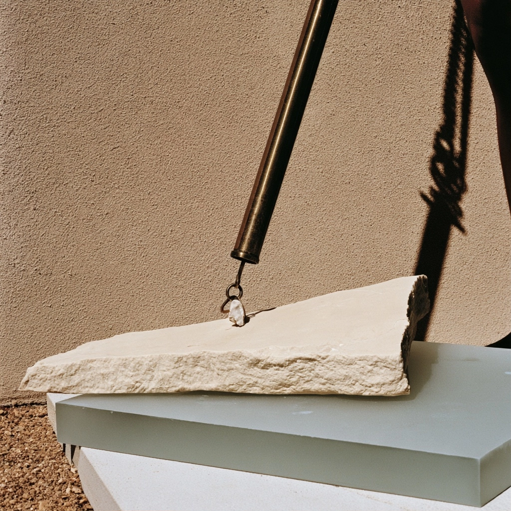 A metallic pole pointing towards a textured beige stone slab on a light blue base against a tan wall.