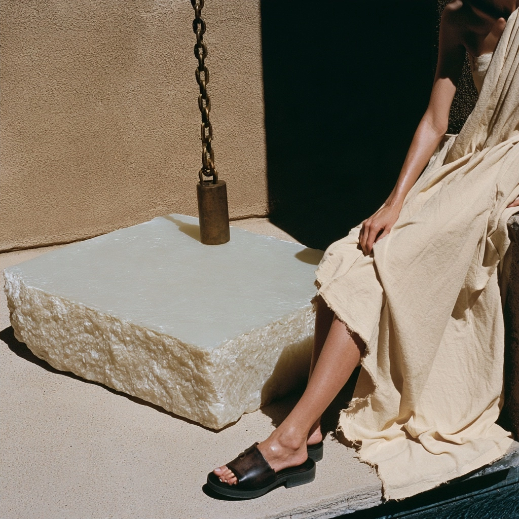 A person wearing flowing cream fabric sits next to a large frosted glass block and a hanging metal chain.