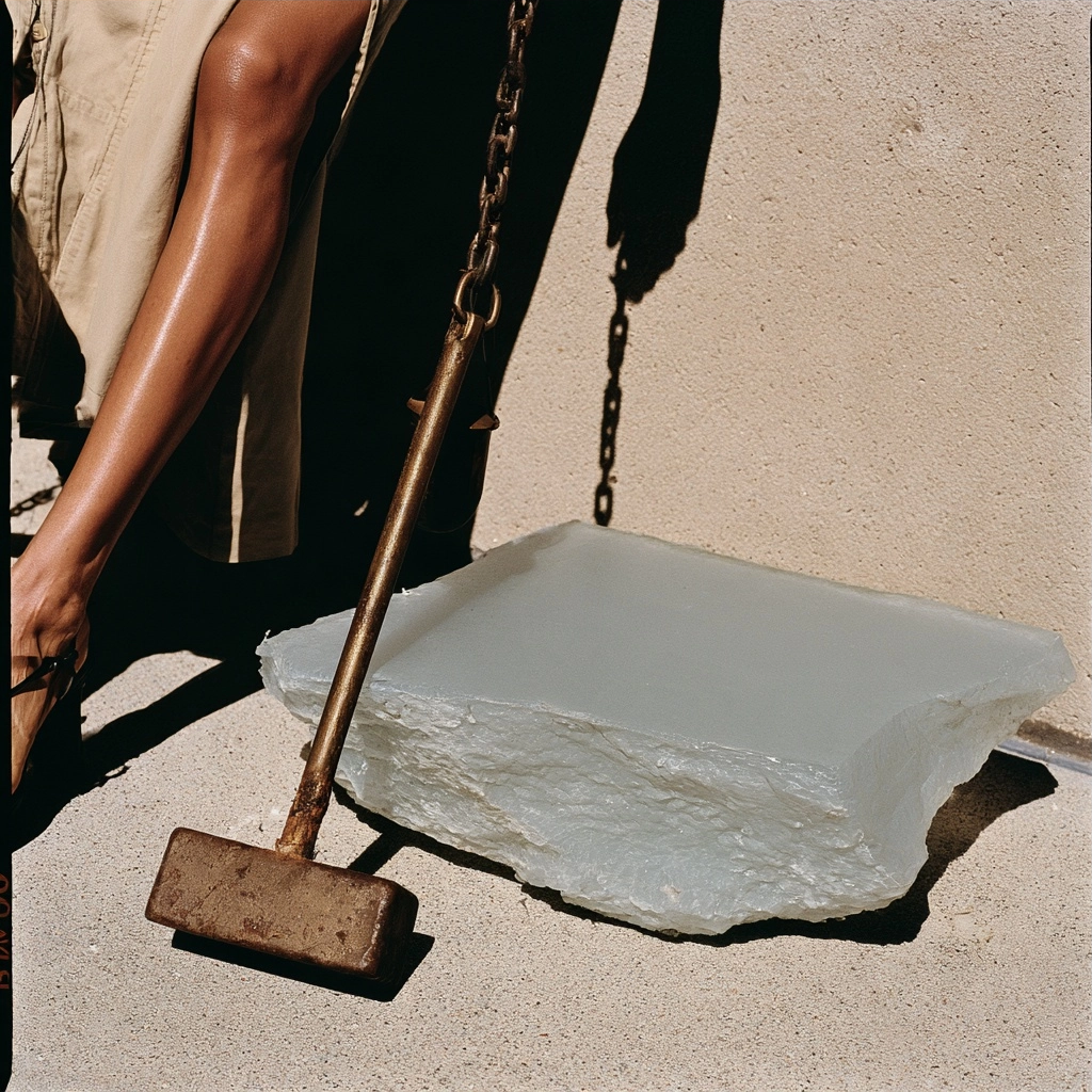 A large translucent block of light blue material resting on concrete next to a heavy metal hammer.