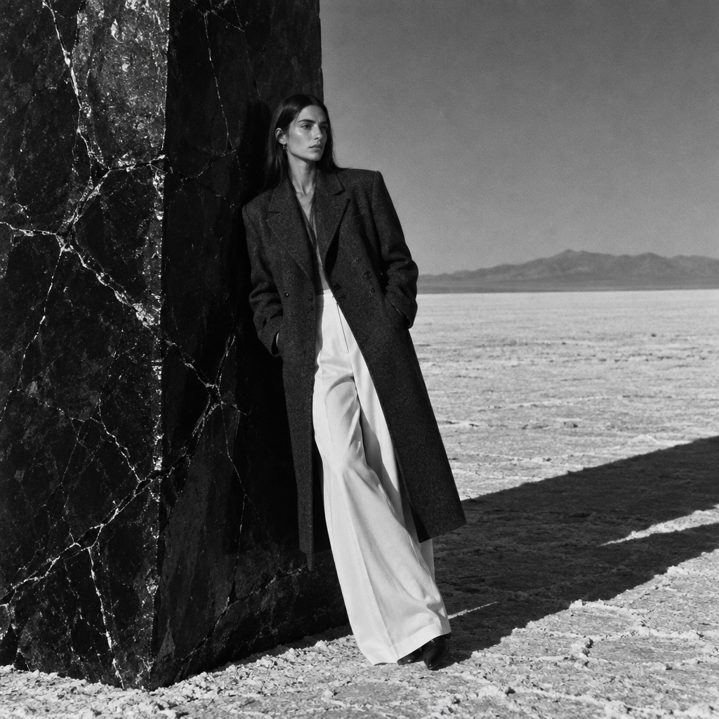 A woman wearing a long coat and wide-leg trousers leaning against a dark monolith in a vast salt desert.
