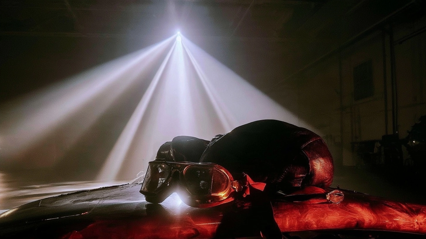 Close-up of protective goggles and a helmet illuminated by bright beams of light in a dark setting.
