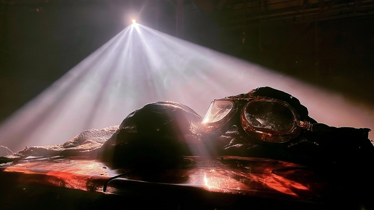 Vintage aviator goggles resting on a dark surface illuminated by a single bright spotlight.