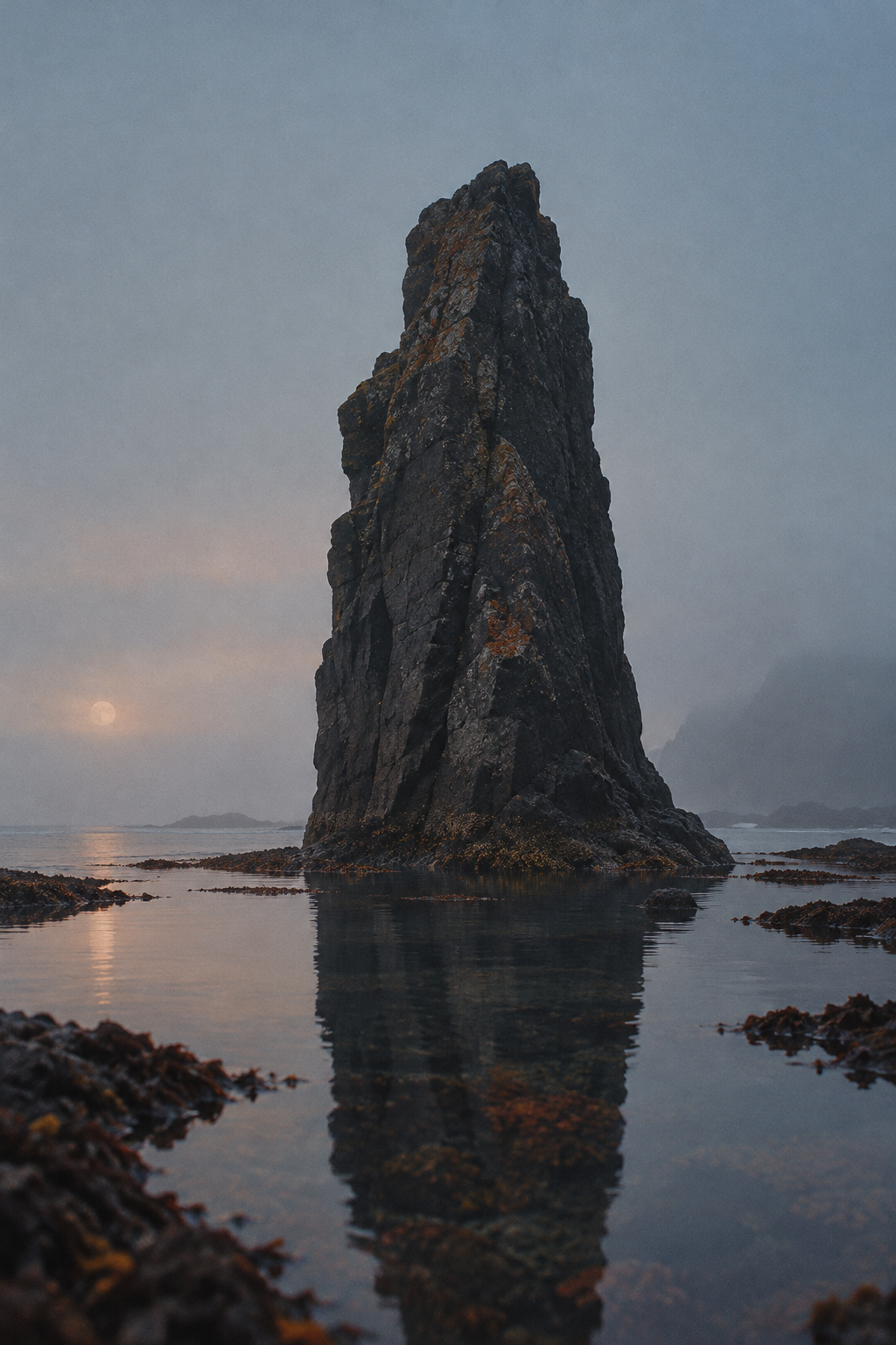 A towering dark sea stack reflected in calm ocean water during a misty twilight.