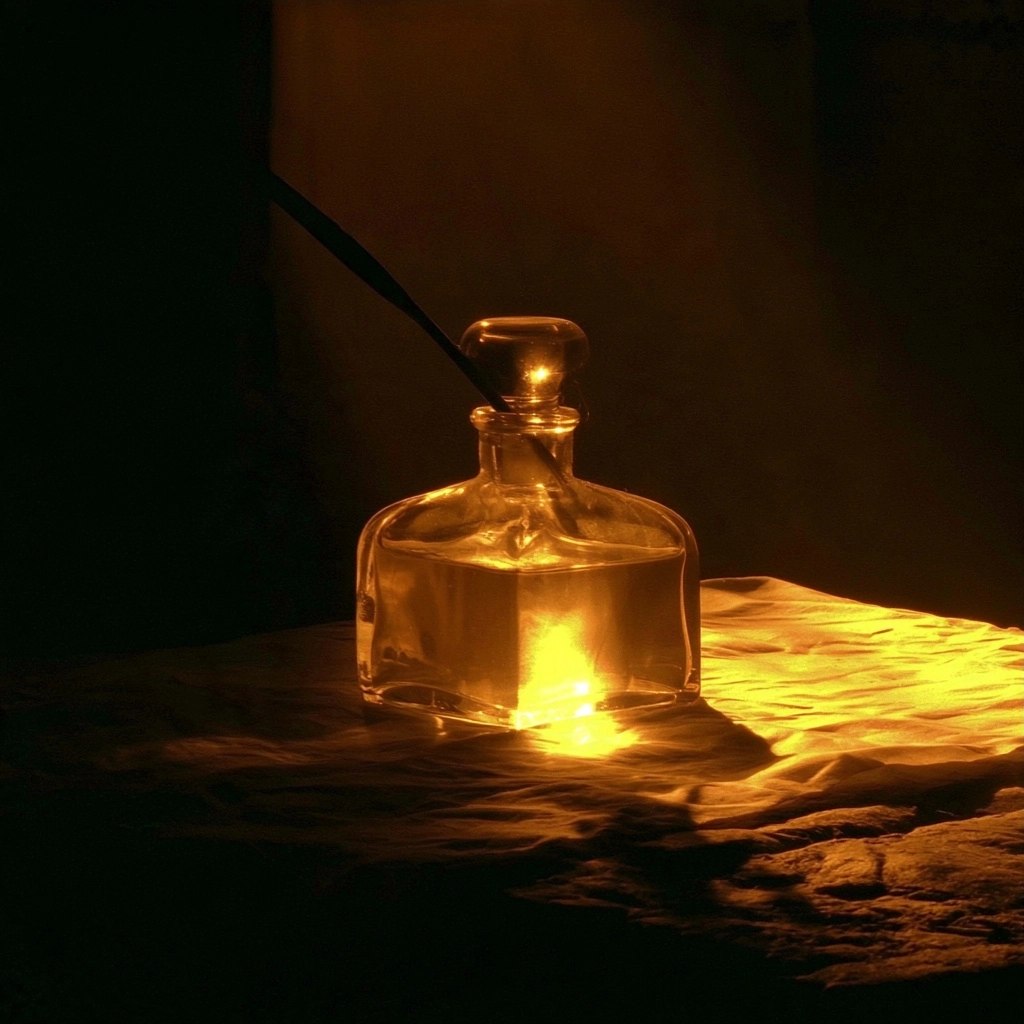 A glowing glass inkwell with a quill pen resting inside, illuminated against a dark background.