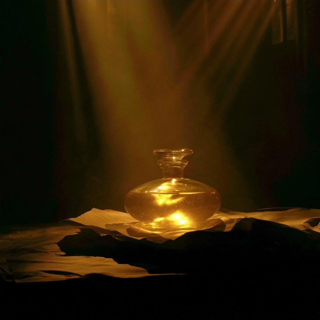 A luminous glass bottle glowing intensely under a single shaft of warm golden light in a dark setting.