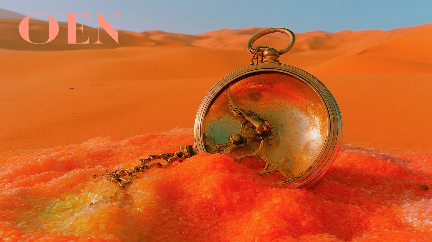 A vintage gold pocket watch resting on vibrant orange sand dunes in a vast desert.