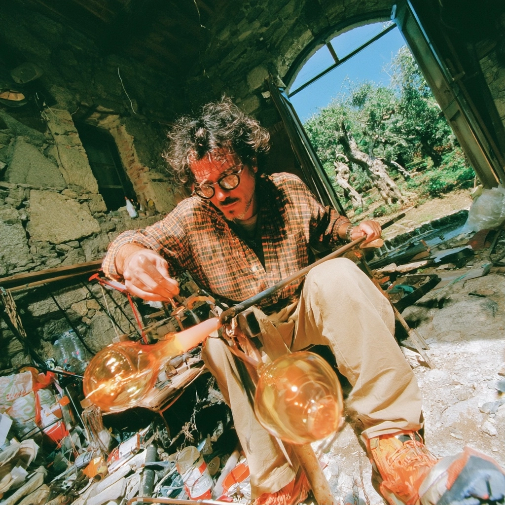 A man in a plaid shirt working with glowing molten glass on a long metal rod in a stone workshop.