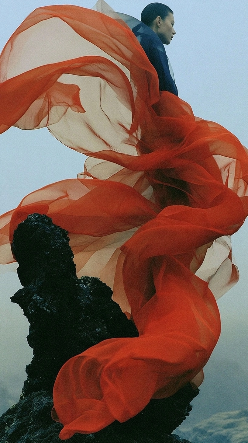 Flowing red and cream translucent fabric billowing dramatically against a light blue sky.