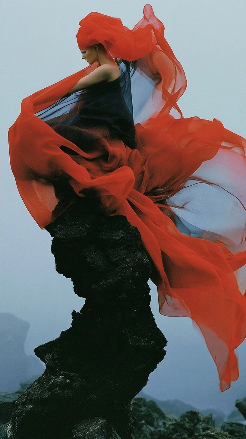 A person draped in voluminous red and black flowing fabric posing on a dark jagged rock in the fog.