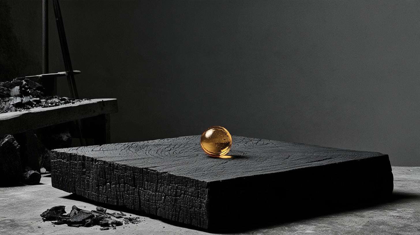 A glowing orange glass orb sitting on a dark, textured piece of burnt wood.